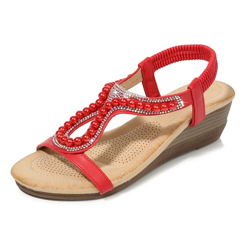 Bohemia pearls wedge sandals Open toe cute beach sandals elastic sandals