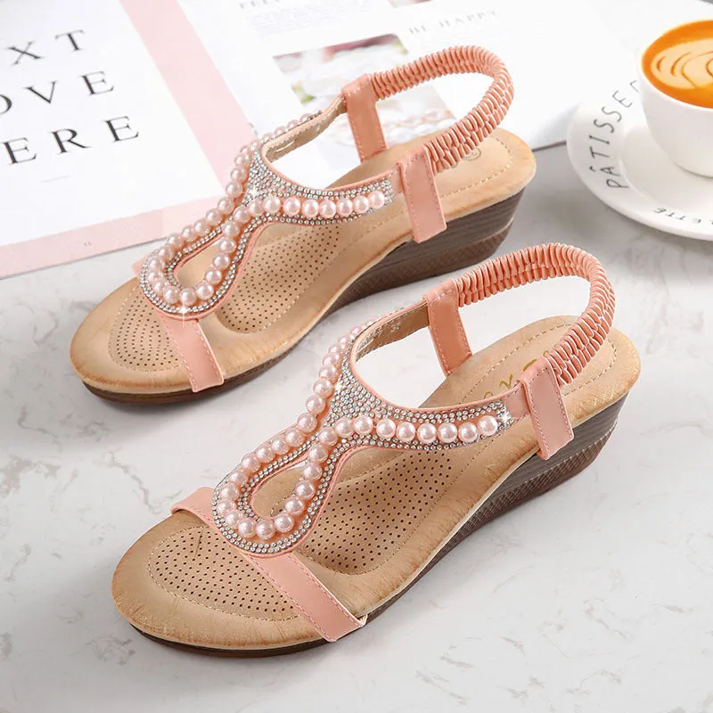 Bohemia pearls wedge sandals Open toe cute beach sandals elastic sandals
