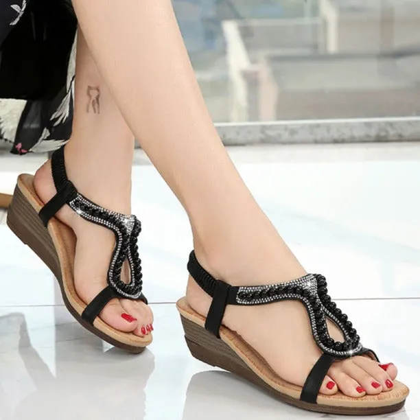 Bohemia pearls wedge sandals Open toe cute beach sandals elastic sandals