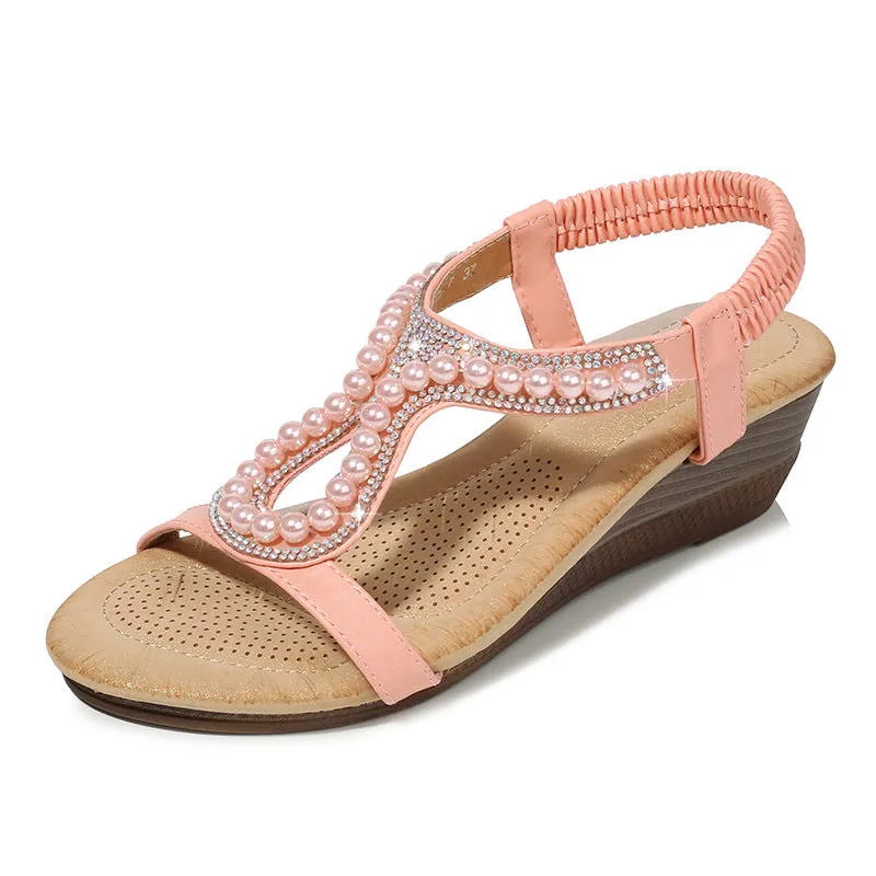 Bohemia pearls wedge sandals Open toe cute beach sandals elastic sandals