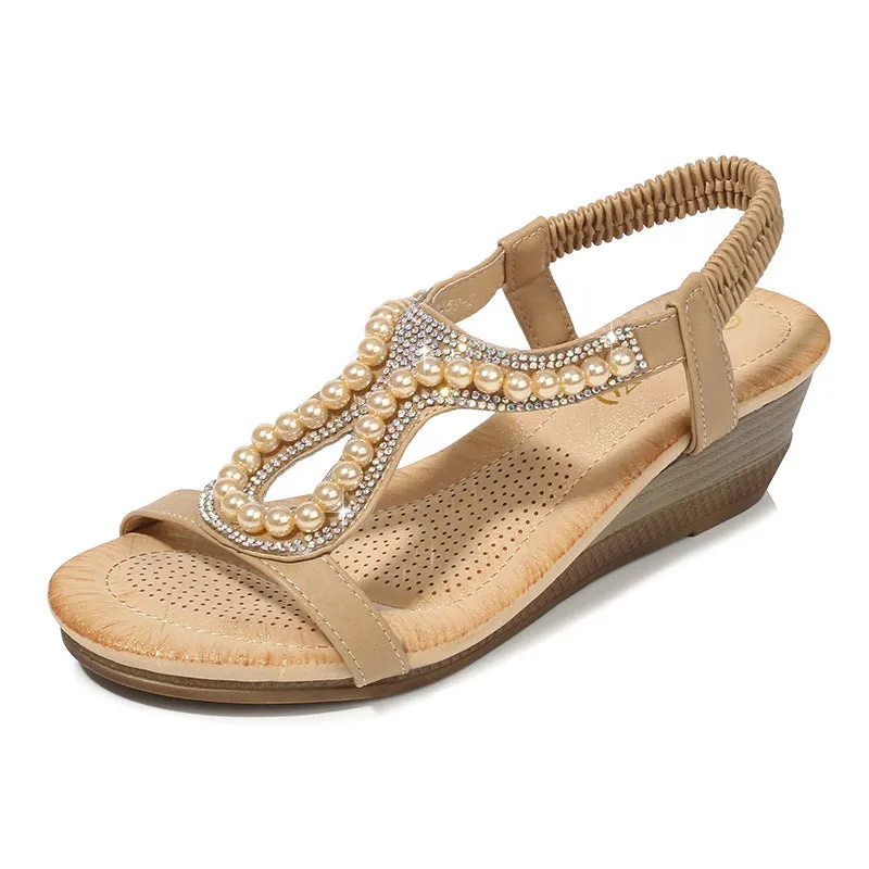 Bohemia pearls wedge sandals Open toe cute beach sandals elastic sandals
