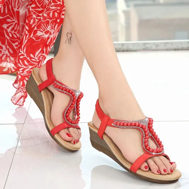 Bohemia pearls wedge sandals Open toe cute beach sandals elastic sandals