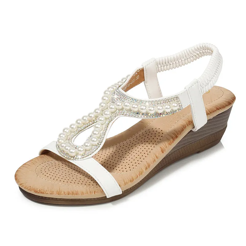 Bohemia pearls wedge sandals Open toe cute beach sandals elastic sandals