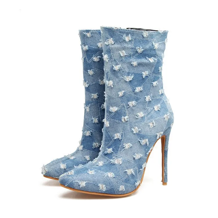 Denim Perforated Side Zipper Boot