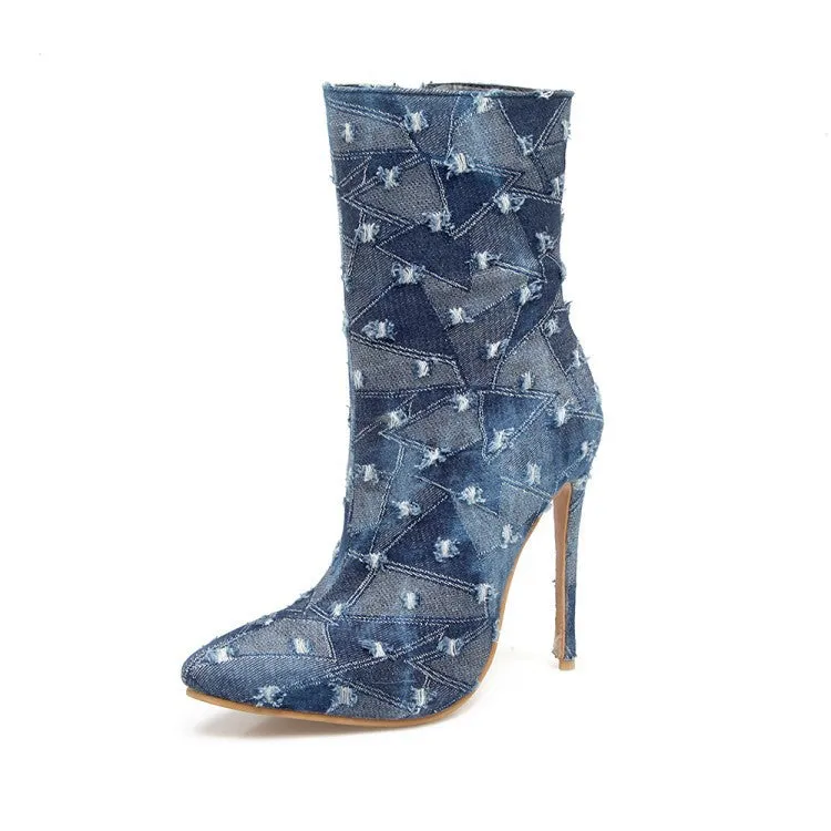 Denim Perforated Side Zipper Boot