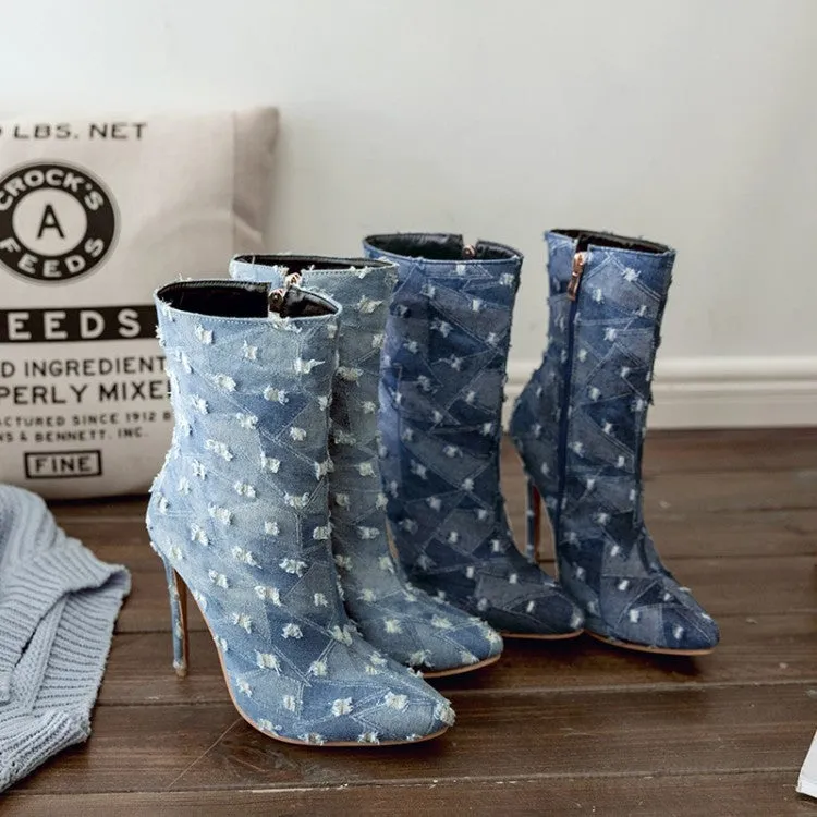 Denim Perforated Side Zipper Boot