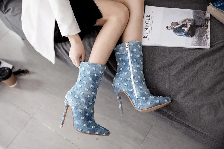 Denim Perforated Side Zipper Boot