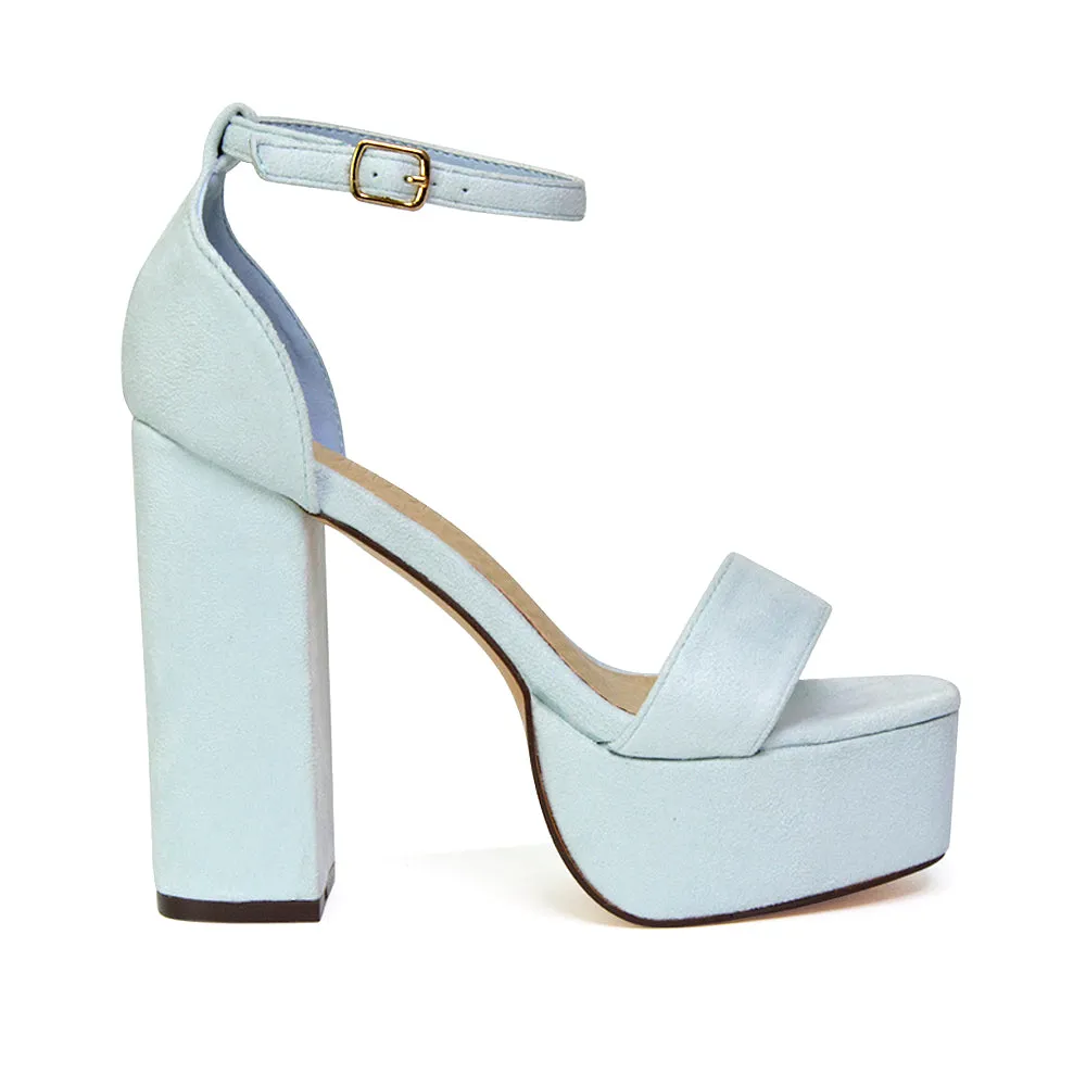 DOTTY CHUNKY BLOCK HIGH HEEL ANKLE STRAP SUPER HIGH PLATFORM SHOES IN BLUE
