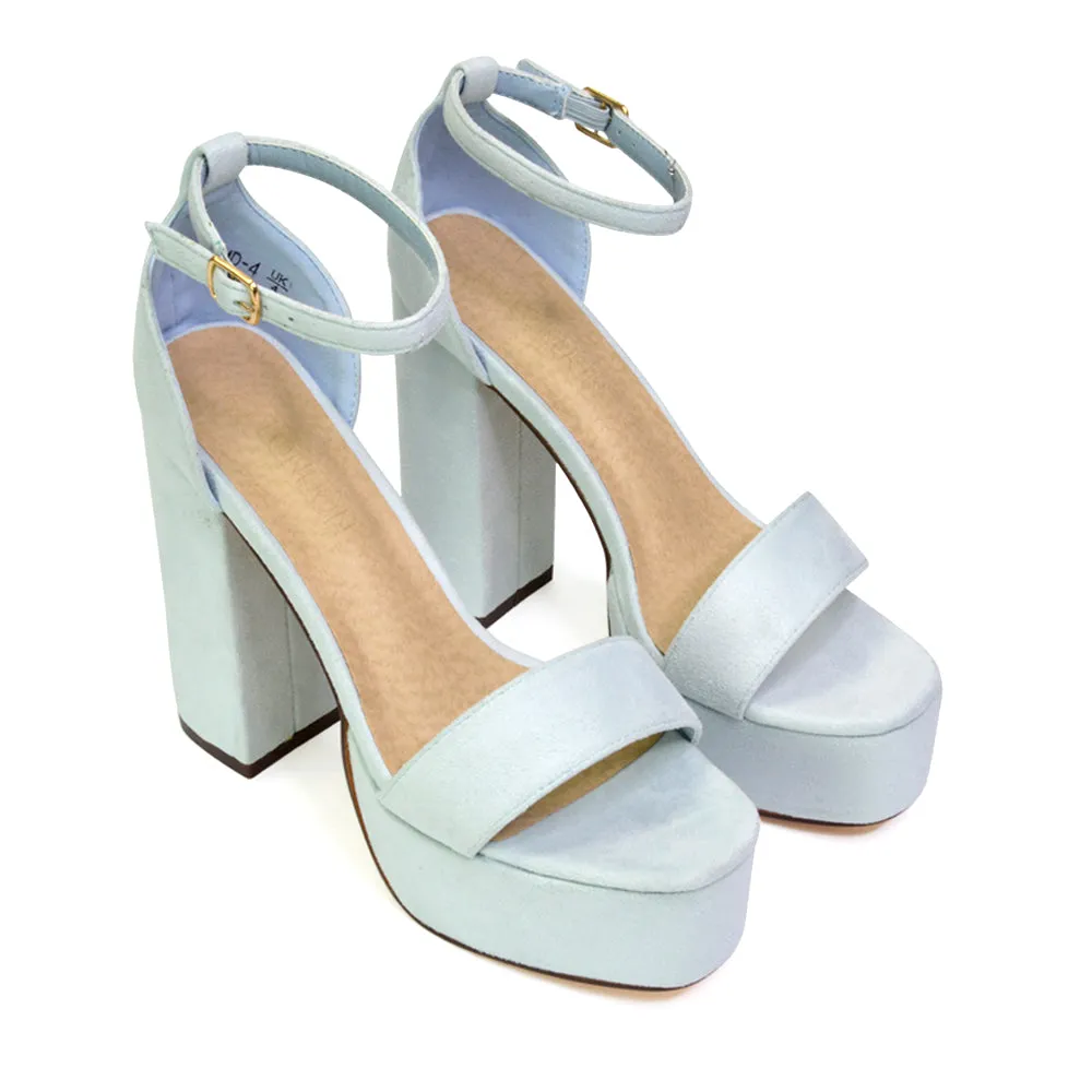 DOTTY CHUNKY BLOCK HIGH HEEL ANKLE STRAP SUPER HIGH PLATFORM SHOES IN BLUE