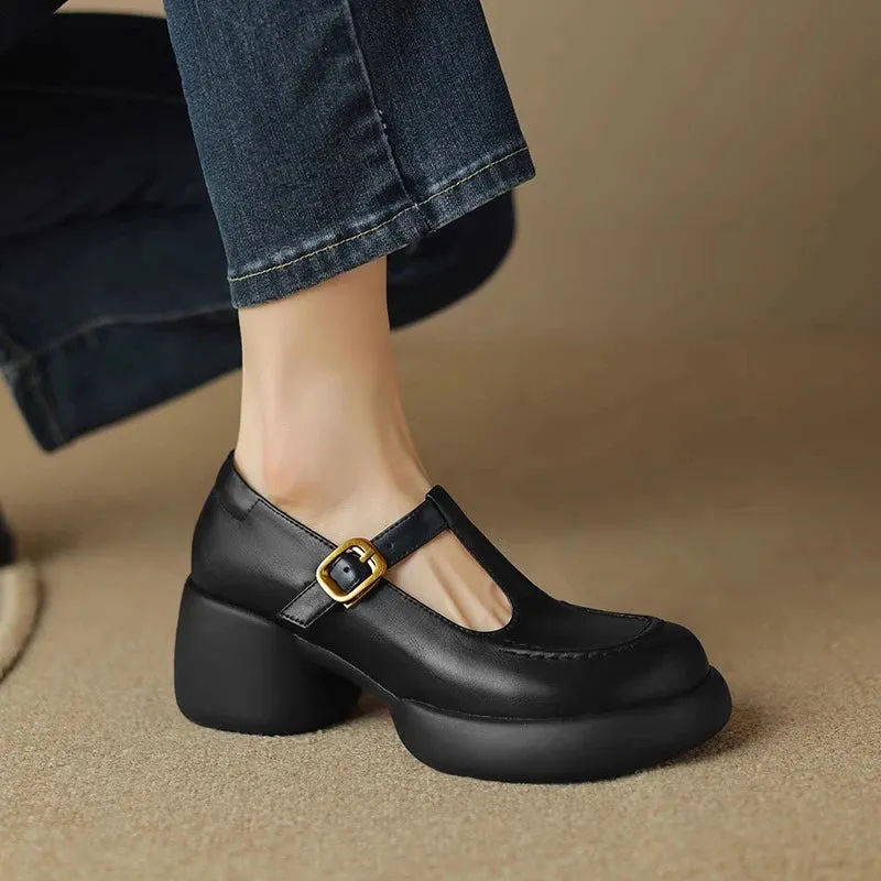 Hnzxzm High Quality Thick Soled Square Heel Buckle Fashion All-match Comfortable Non-slip Breathable Wear-resistant Single Shoes Women