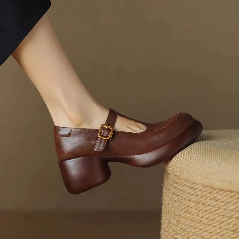 Hnzxzm High Quality Thick Soled Square Heel Buckle Fashion All-match Comfortable Non-slip Breathable Wear-resistant Single Shoes Women
