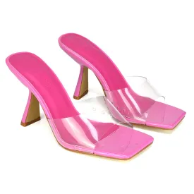 Lacie Square Toe Perspex Thin Block High Heel Mule Sandals in Pink Patent