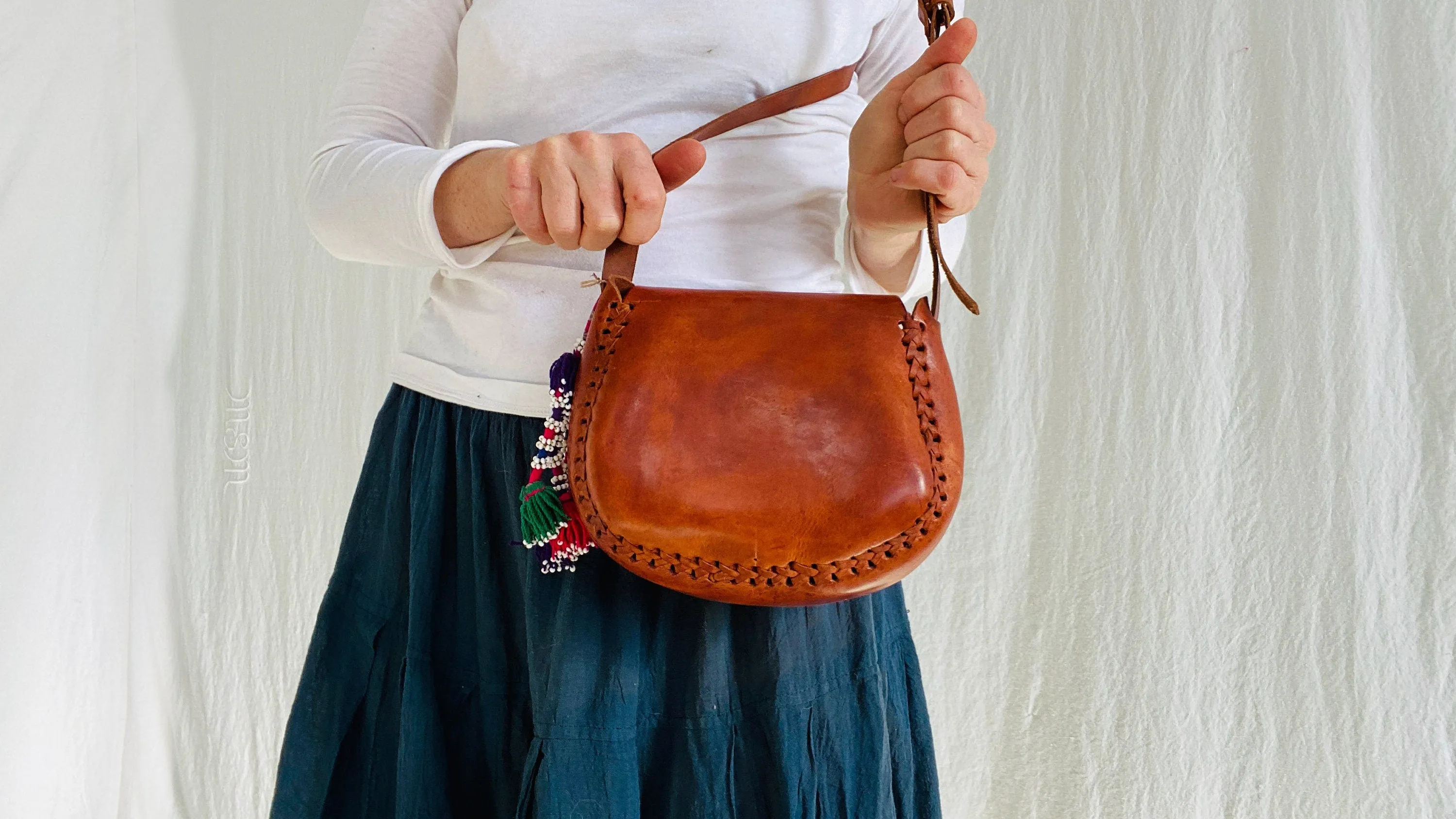Leather Purse. Adjustable Strap. Kuchi Beaded Tassels. 0204.