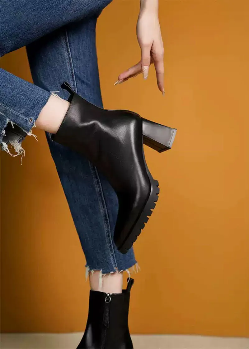 Lug Sole Block Heel Genuine Leather Booties