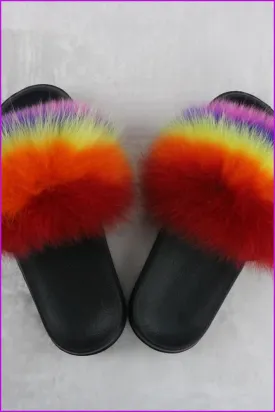 Rainbow Color Mixed Fur Slides F726-08