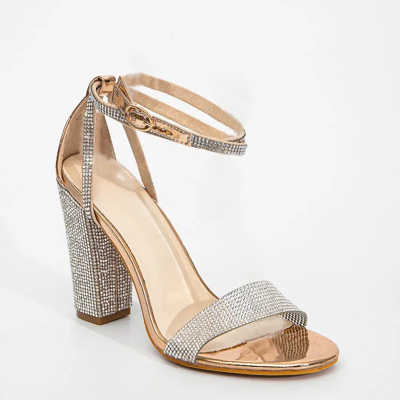 Rhinestone sexy chunky heel sandals crisscross hollow ankle strap sandals