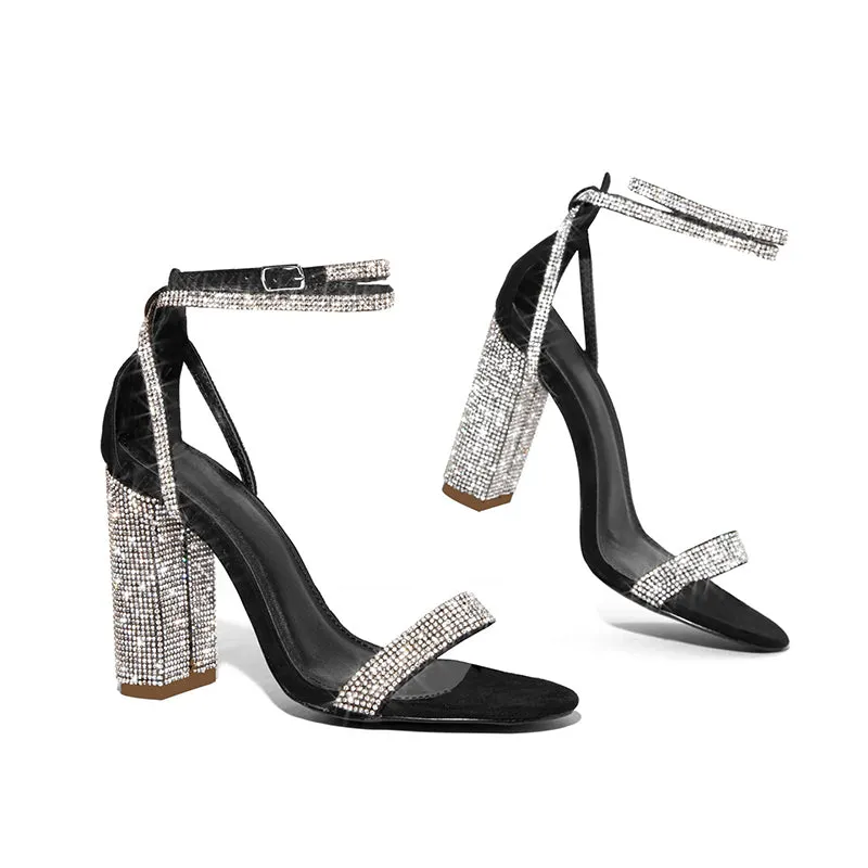 Rhinestone sexy chunky heel sandals crisscross hollow ankle strap sandals