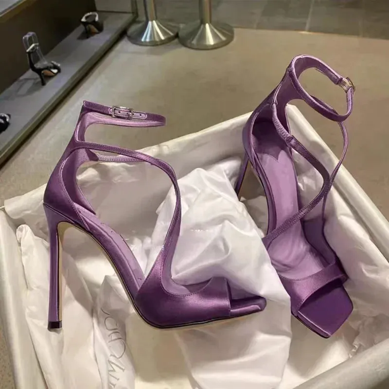 Sexy Satin Designer Square Head Gladiator Slingback Party High Heel