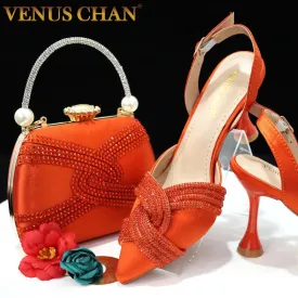 Venus Chan Italian Design Classic Women's Hand Bag Orange Color Matching High Heels African Wedding Party Shoe And Bag Set