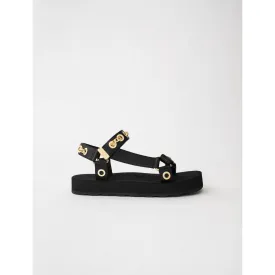 Women Leather Sandals With Eyelets And Chain - Black