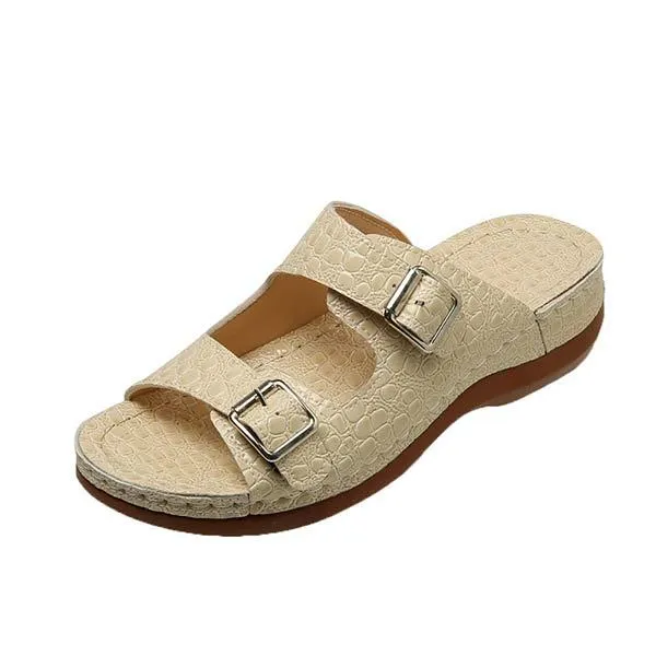 Women's Snake Print Wedge Sandals with Belt Buckle 78291319C